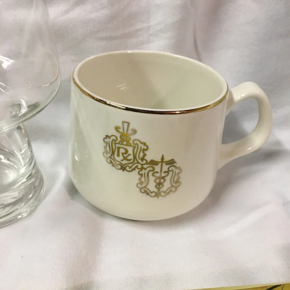 DOCTOR PHARMACIST Apothecary CADUCEUS RX GOLD RIM Coffee Cup‎ and Glass Set